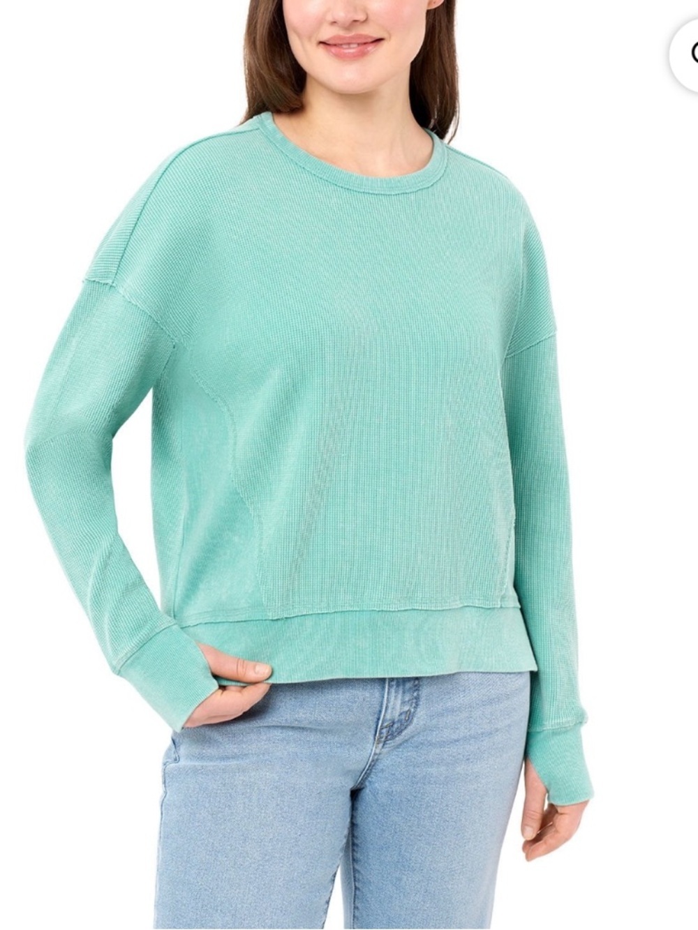 Seven7 Mint Green Waffle Knit Top Large Long Sleeve Crewneck EUC